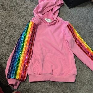 Pink Hoodie with Rainbow Sequin Sleeves